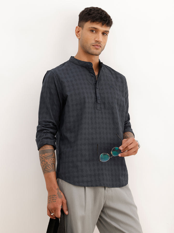 Textured Slim Fit Mandrin Collar Shirt | Navy Blue