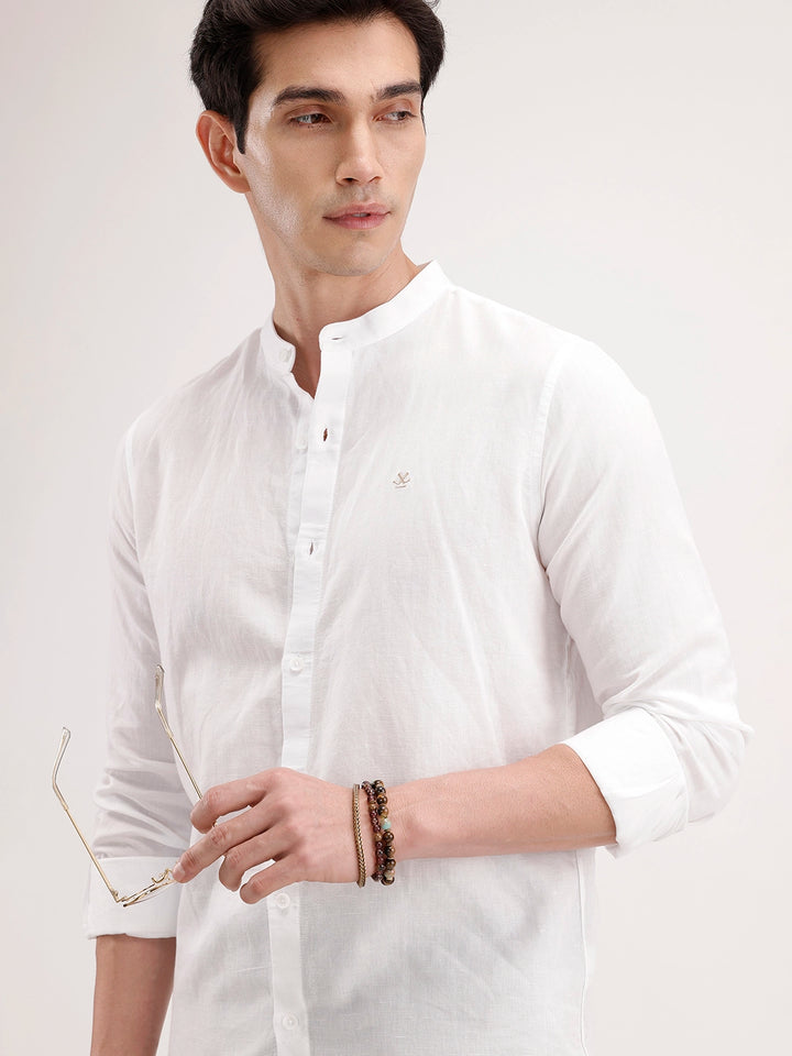 Slim Fit Mandrin Collar Linen Blend Shirt | White