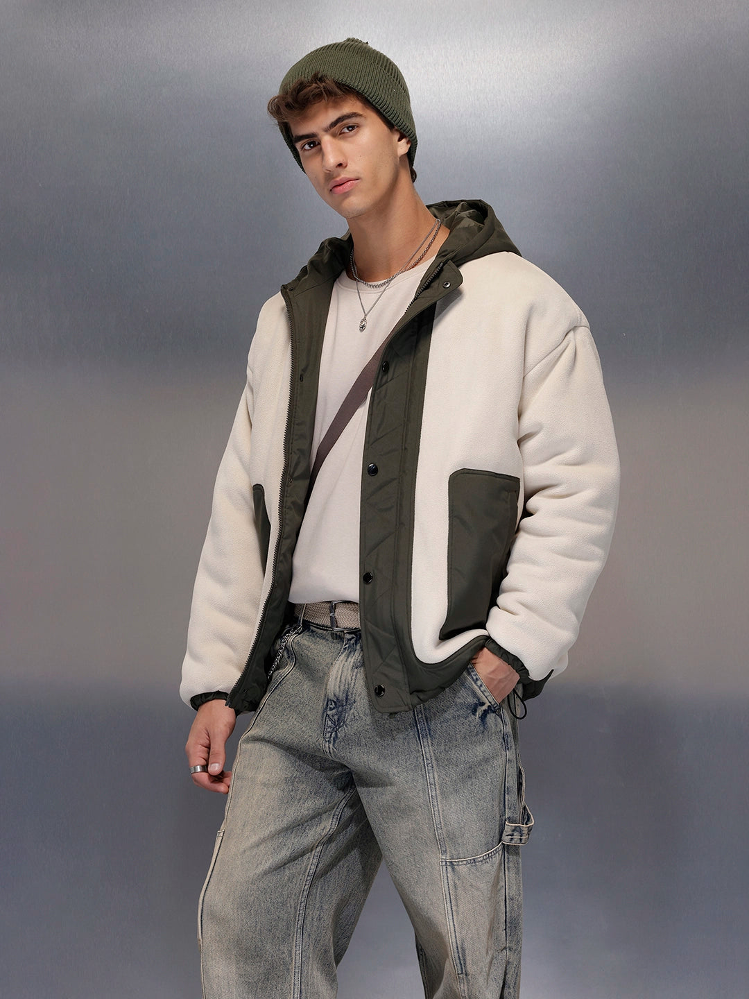 Olive Block Sherpa-Panel Jacket | Beige