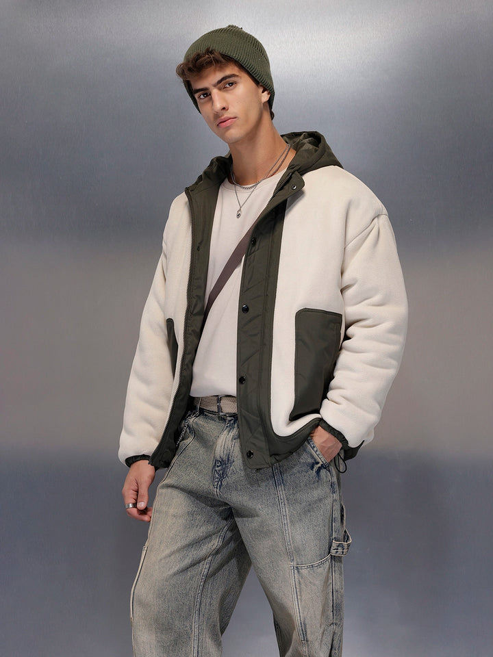 Olive Block Sherpa-Panel Jacket | Beige