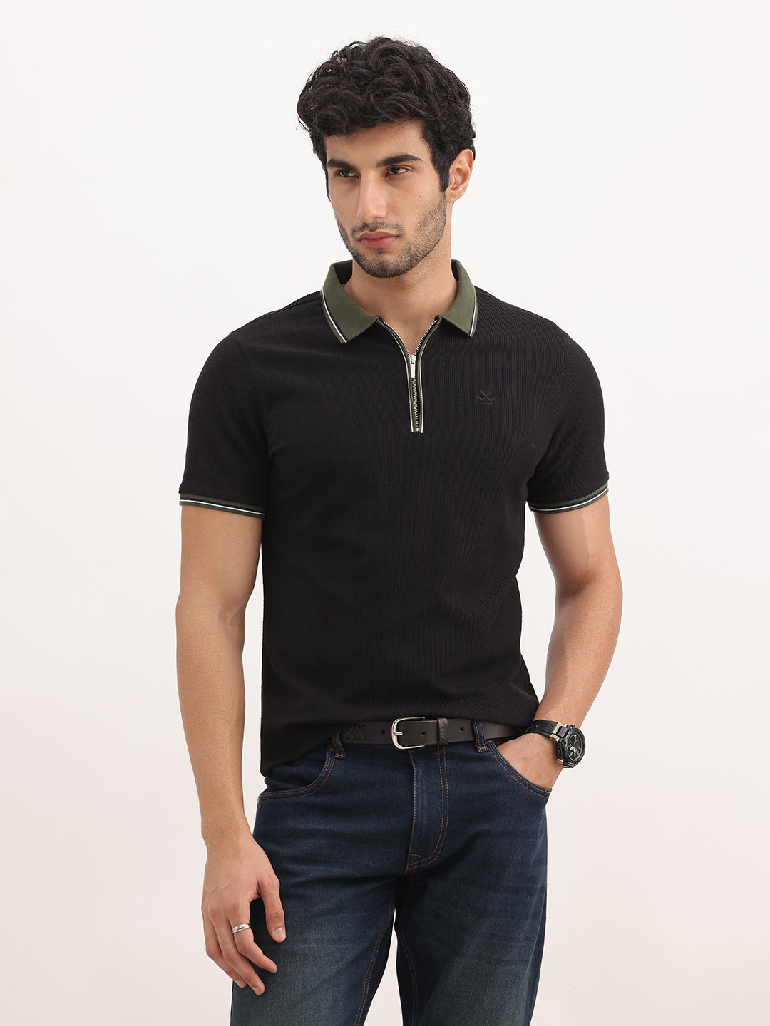 Classic Slim Fit Tipping Collar Polo T-Shirt | Black