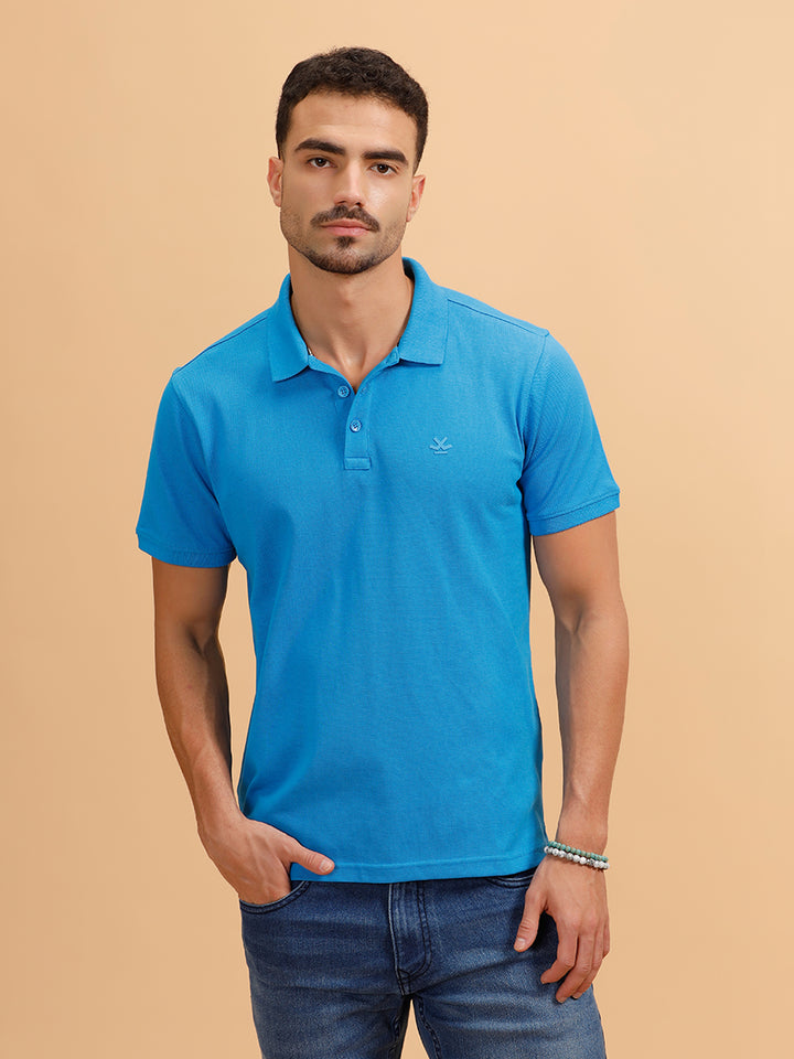 Tonal Logo Printed Slim Fit Polo T-Shirt I Blue
