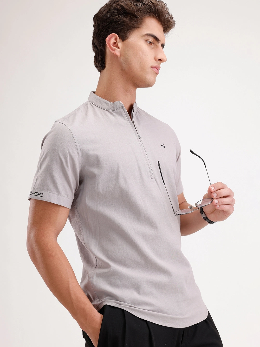 Classic Regular Fit Mandrin Collar Shirt | Grey