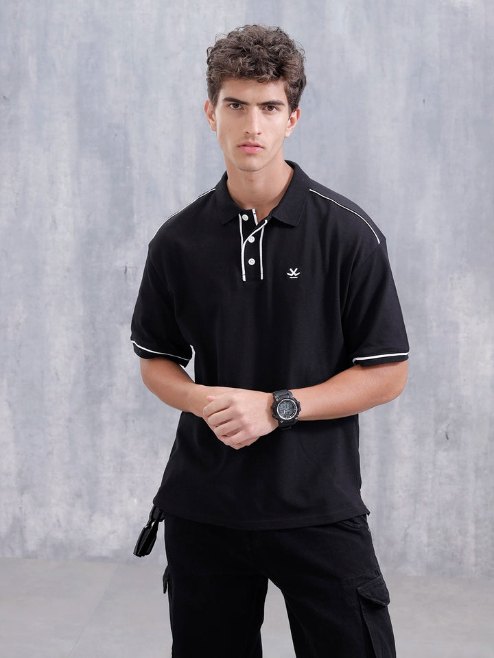 Oversized Polo T-Shirt With Contrast Trim Details | Black