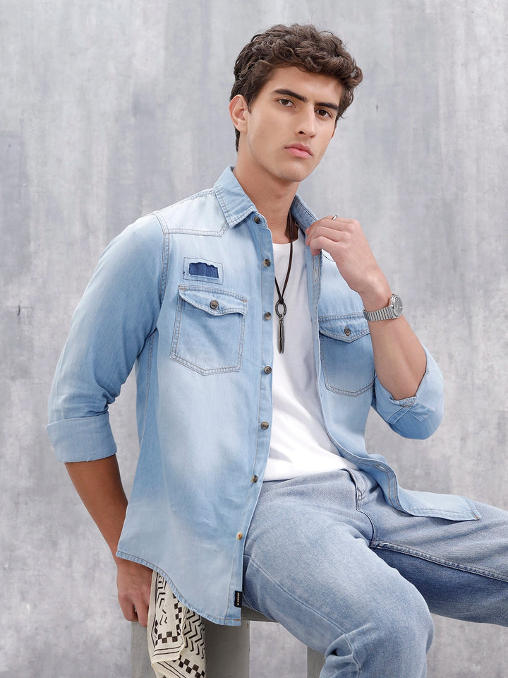 Men's Casual Mid Wash Denim Shirt | Med Stone