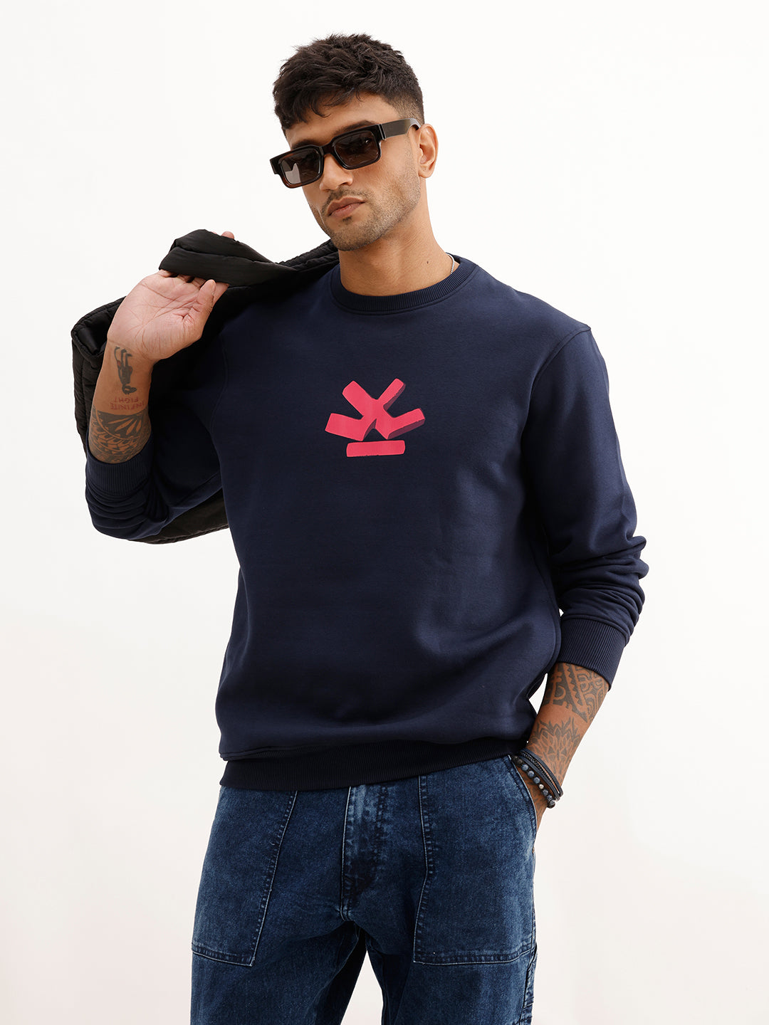 Comfort Fit Placement Printed Sweatshirt | Navy Blue