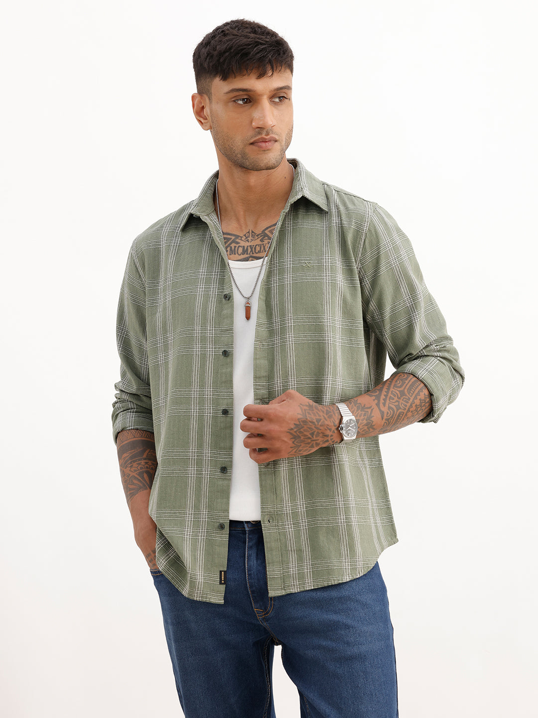 Slim Fit Checkered Full Sleeve Shirt | Green