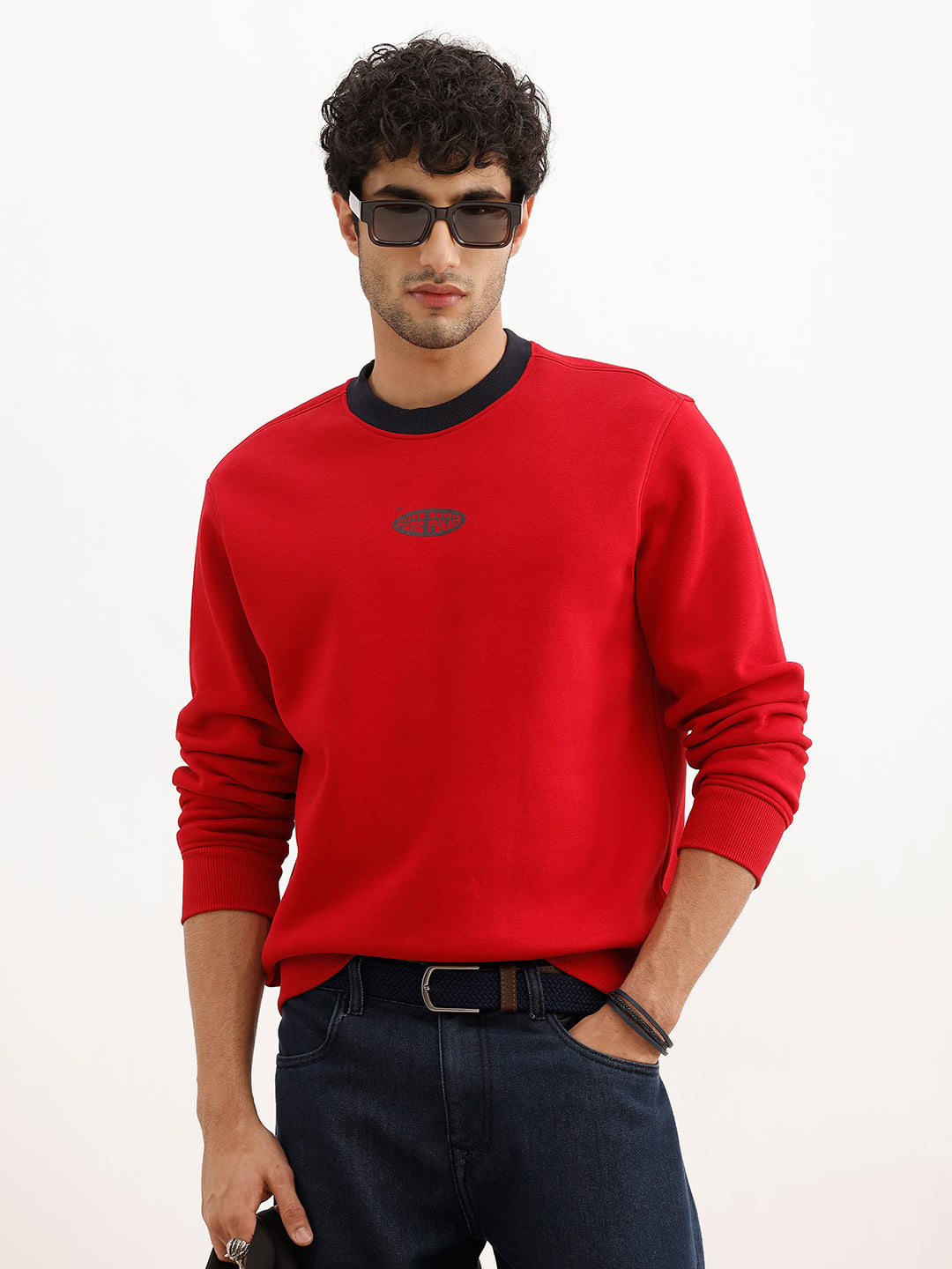 Solid Contrast Collar Placement Printed Sweatshirt | Red