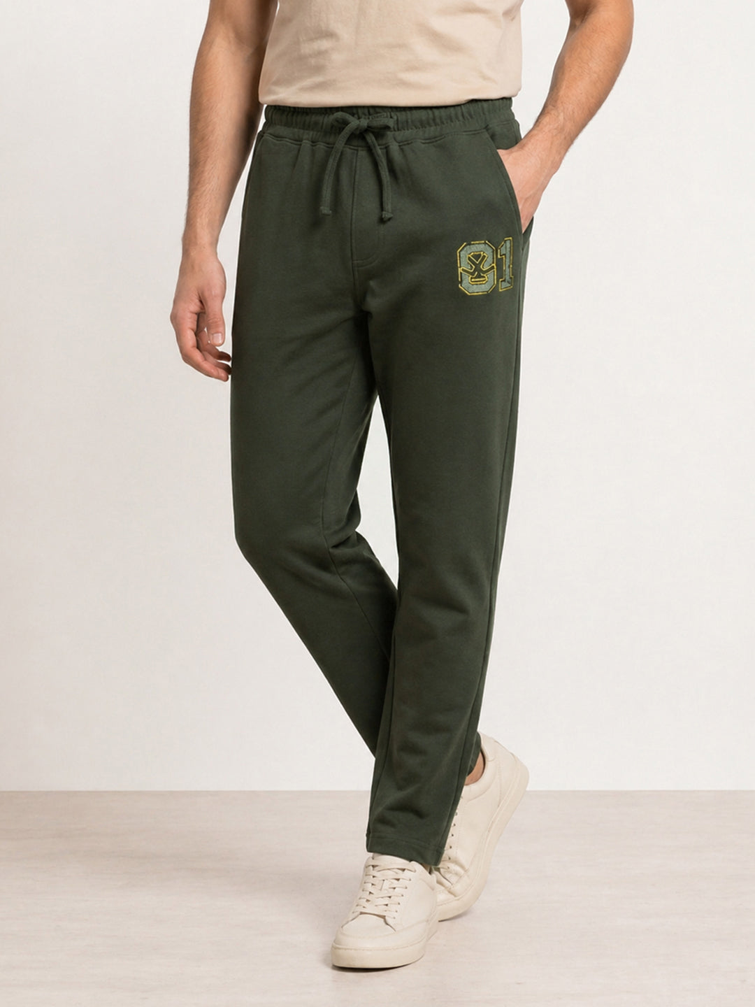 Solid Regular Fit Printed Jogger | Olive