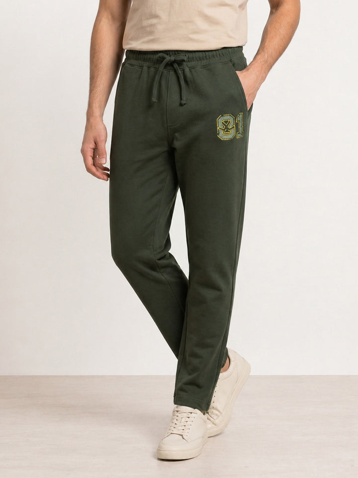 Solid Regular Fit Printed Jogger | Olive