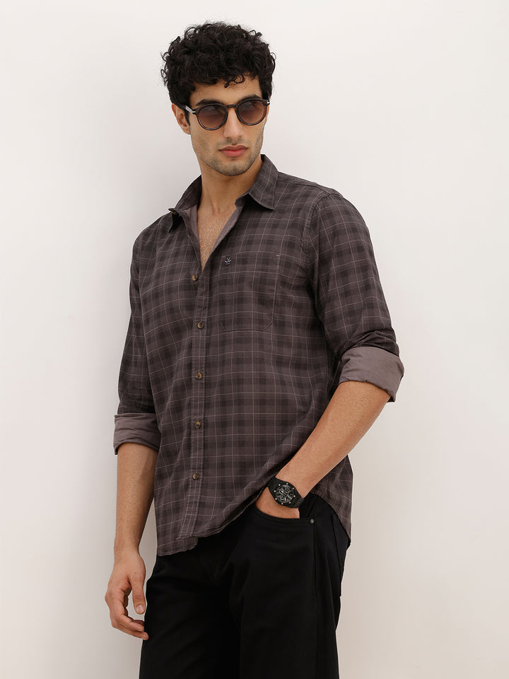 Slim Fit Checkered Full Sleeve Shirt | Dark Grey