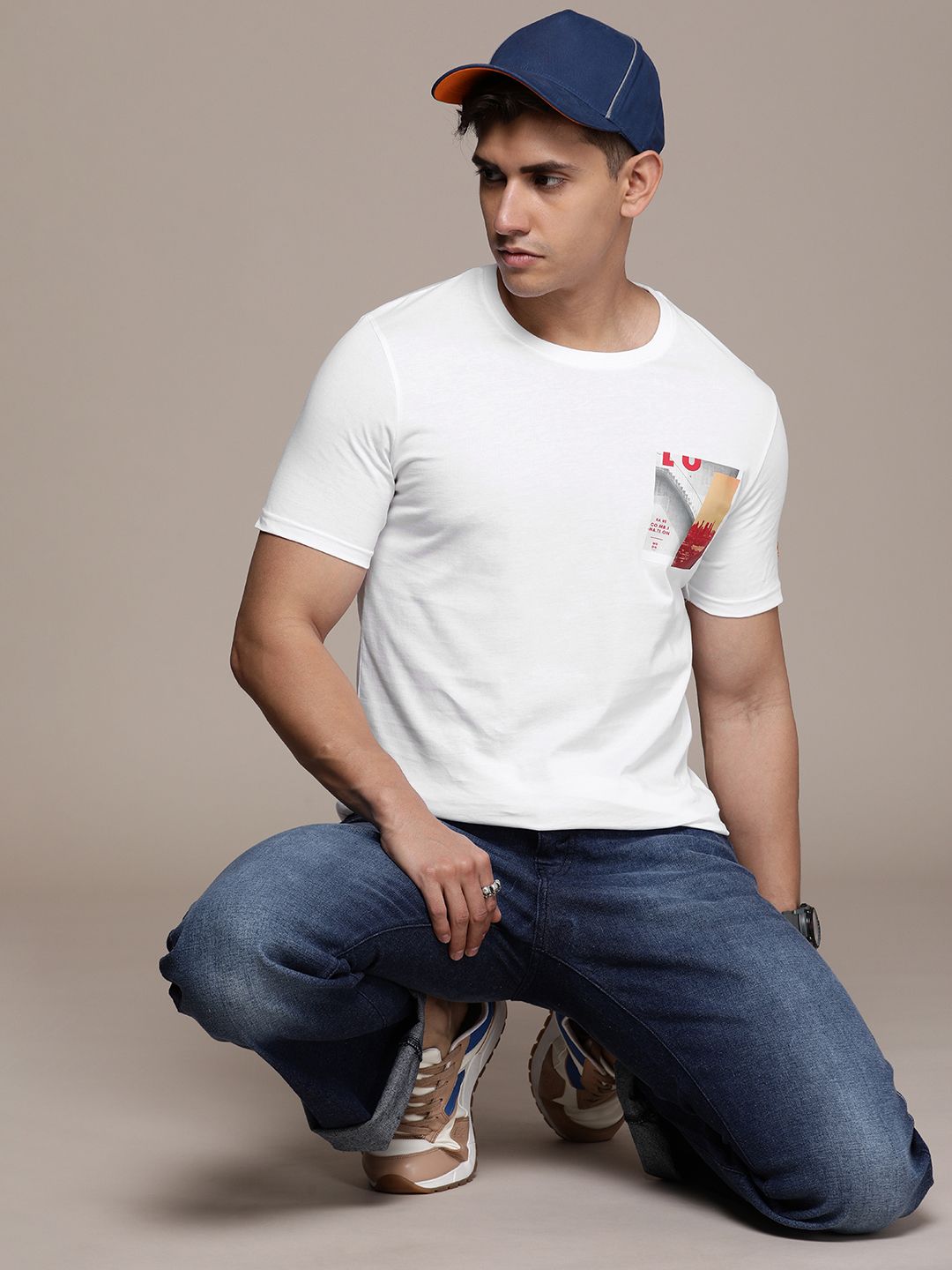 Chest Printed White Cotton T-Shirt