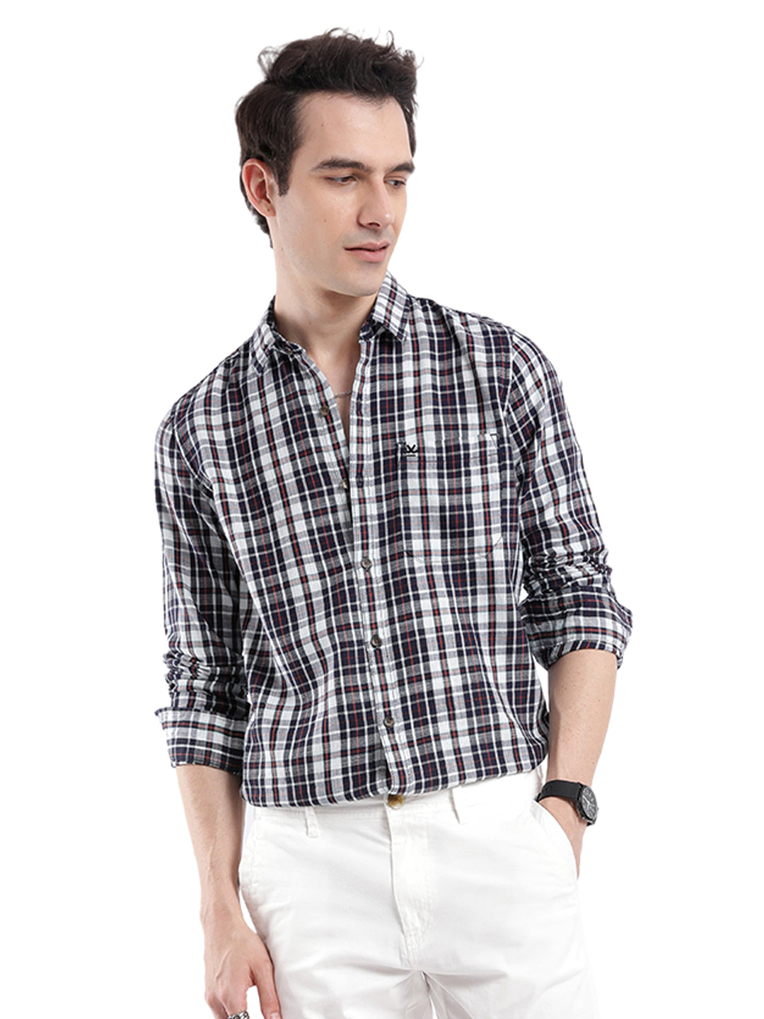 Grey Navy Casual Checked Shirt