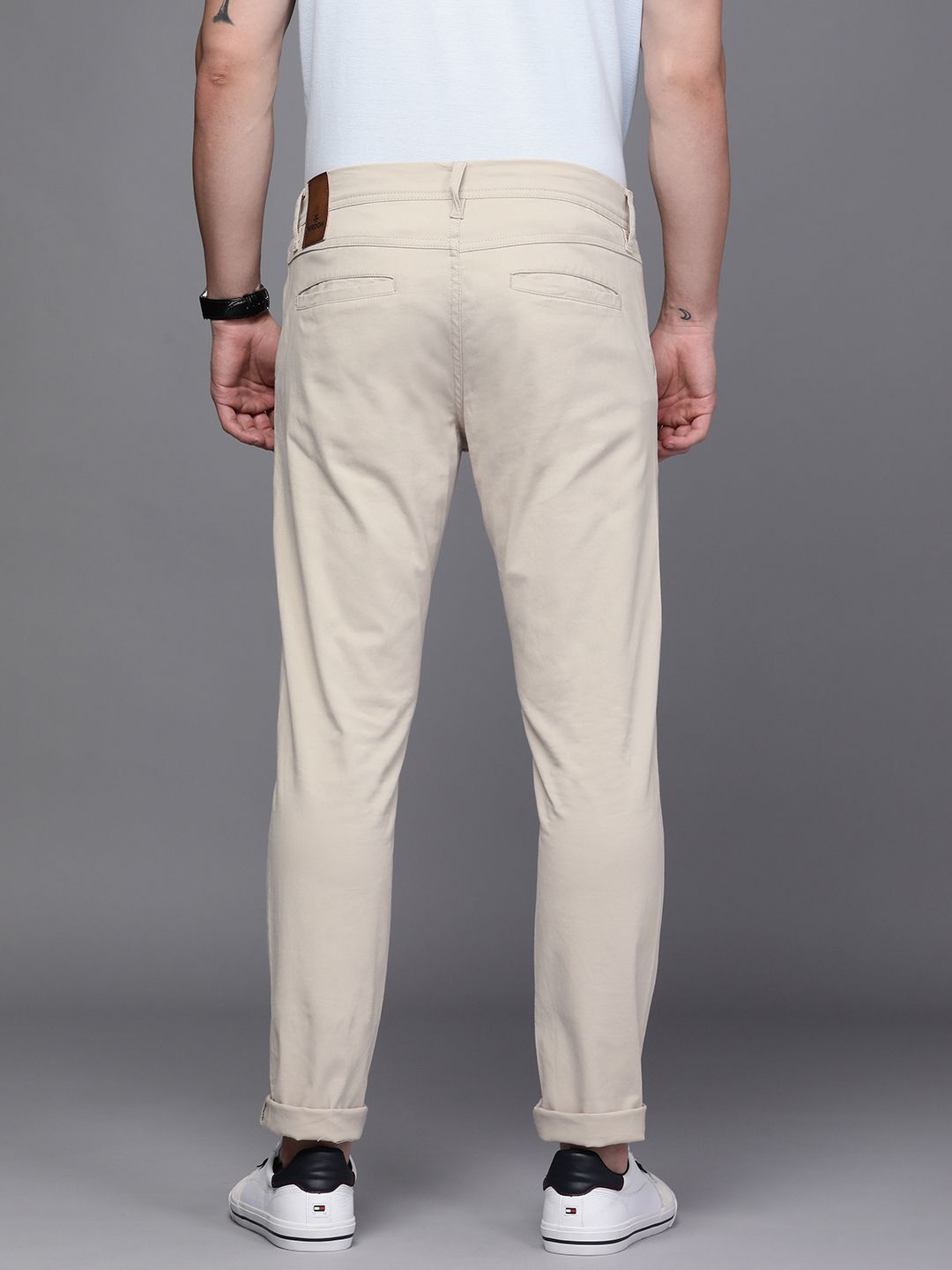 Solid Beige Tapered Fit Trousers