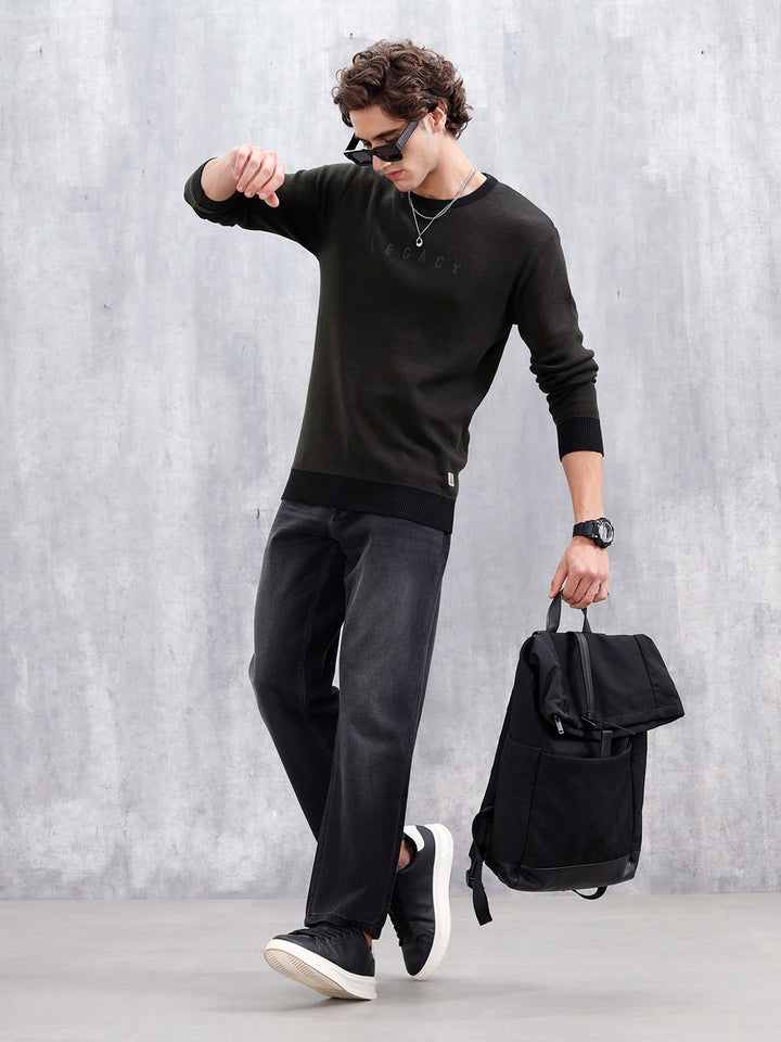 Men's Typo Printed Slim Fit Pullover | Olive