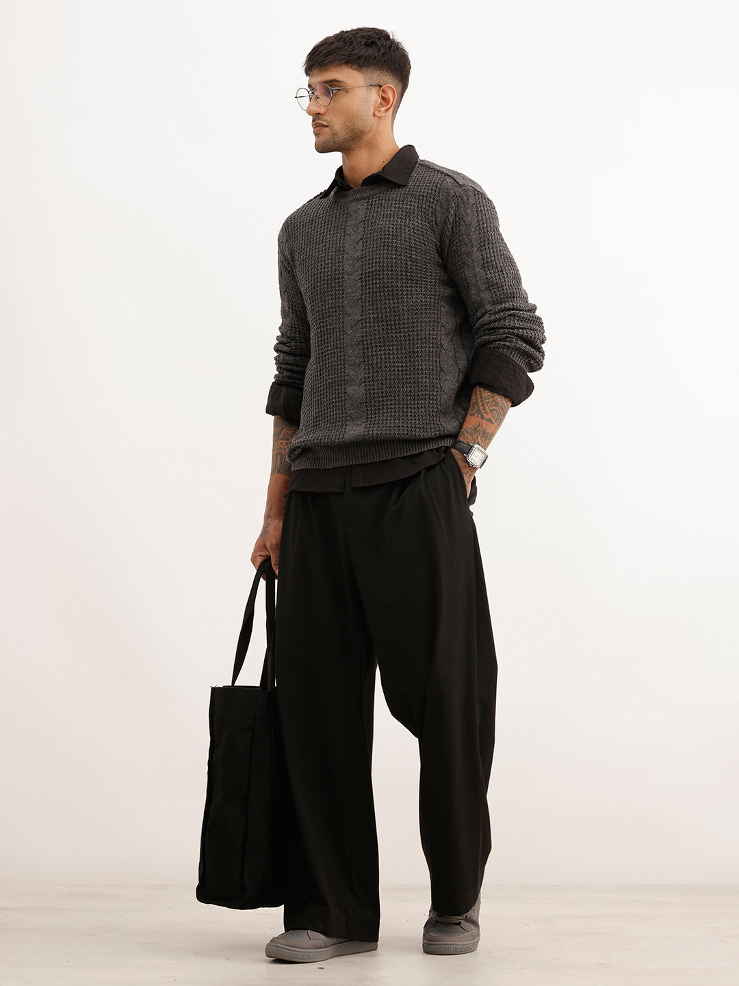 Regular Fit Textured Cable Knit Sweater | Grey