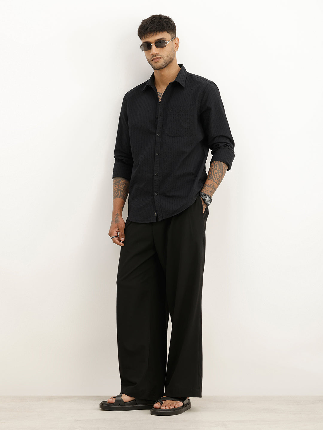Solid Slim Fit Textured Full Sleeve Shirt | Black