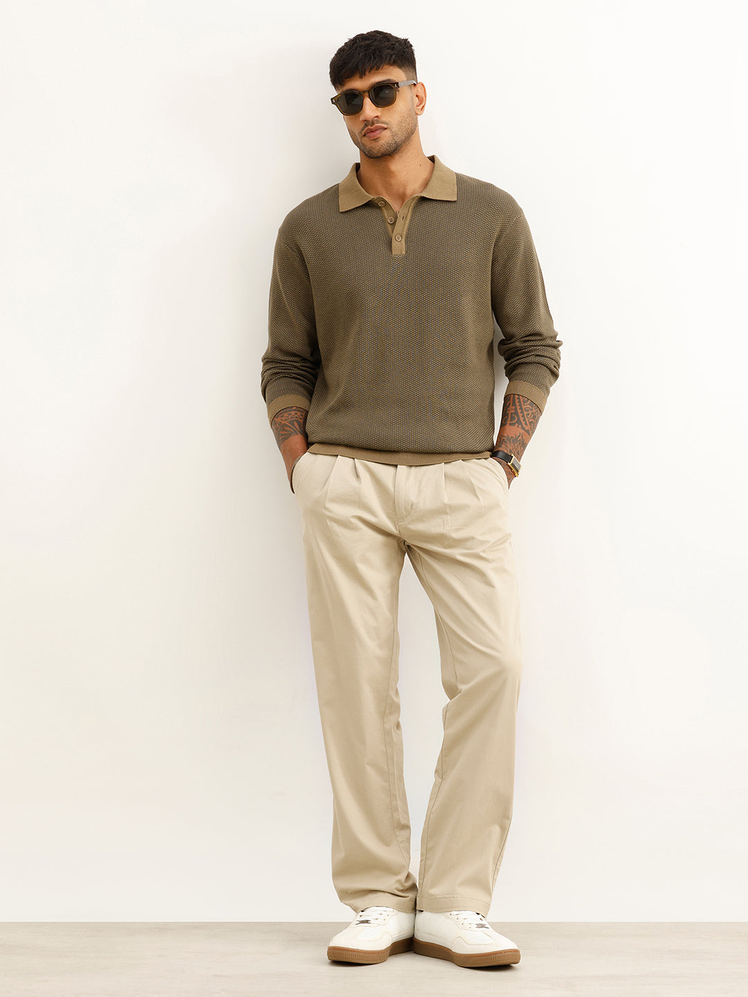 Classic Contrast Collar Knitted T-Shirt | Olive