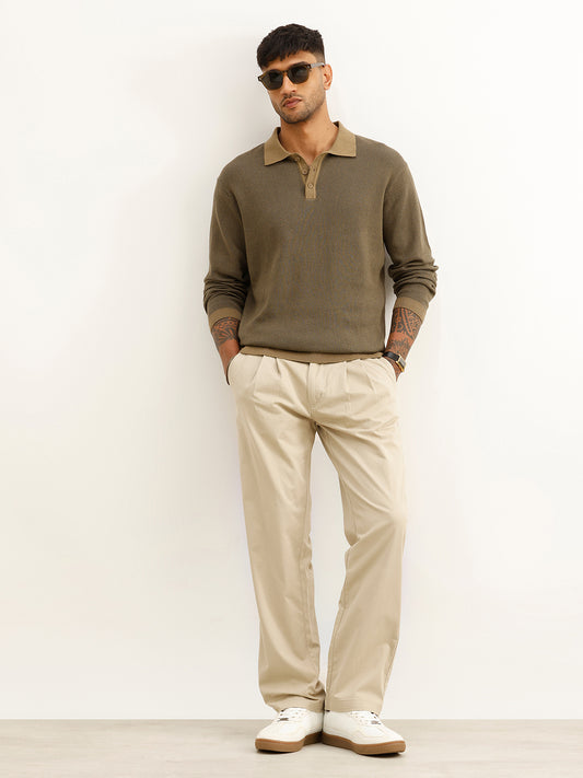 Classic Contrast Collar Knitted Sweater | Olive