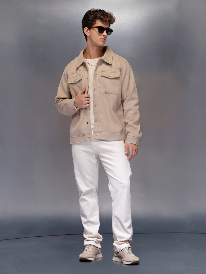 Men’s Beige Utility Overshirt Jacket | Cream