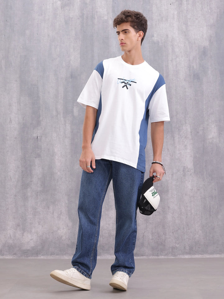 Retro Colourblock Oversized Fit T-shirt With Print | White