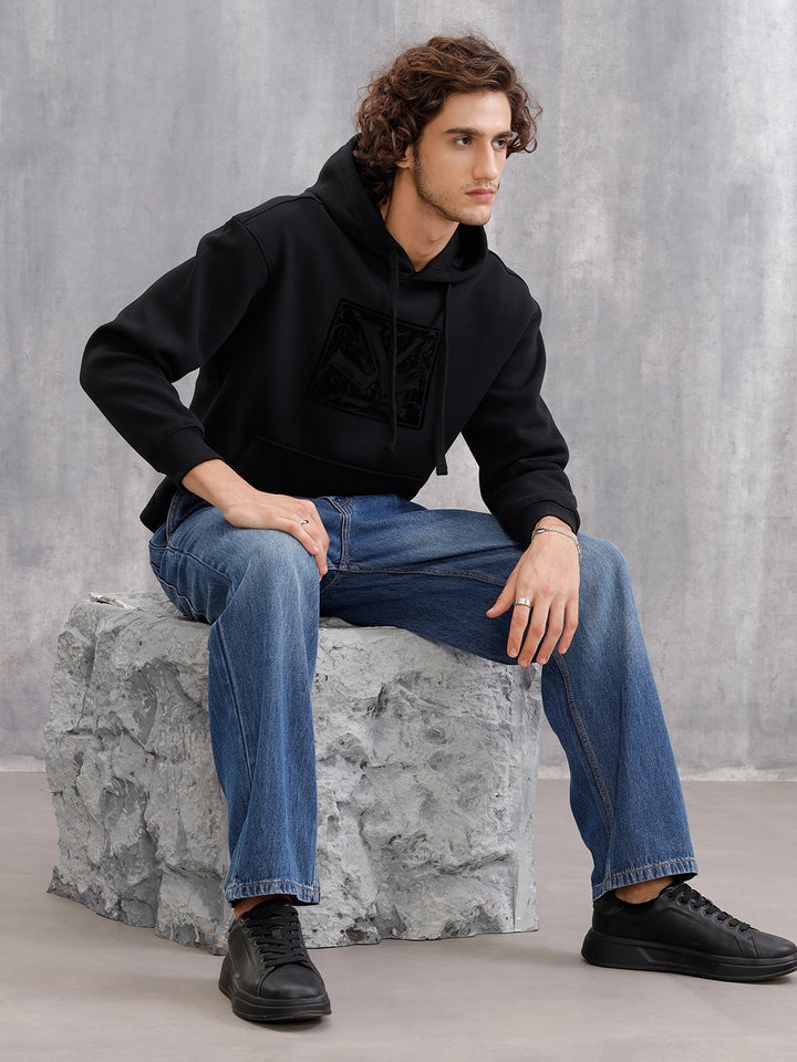 Adorned Logo In Velvet Flock Print On Oversized Hoodie Pullover | Black