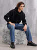 Adorned Logo In Velvet Flock Print On Oversized Hoodie Pullover | Black