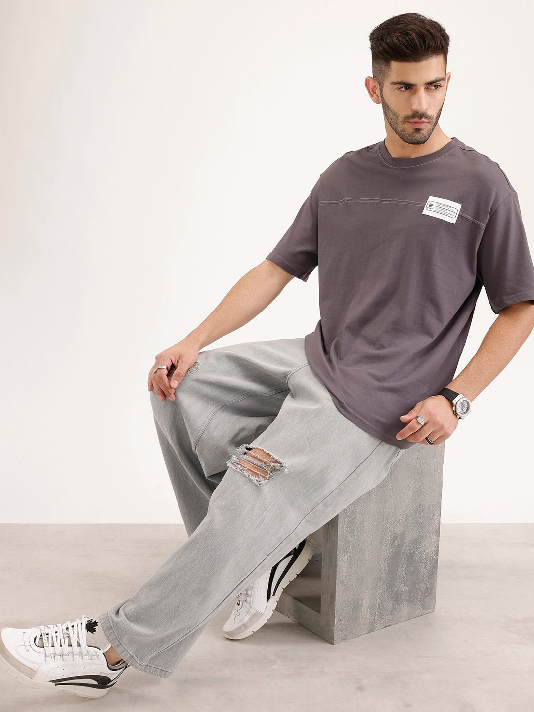 Oversized Cut & Sew Patch Tshirt | Dark Grey