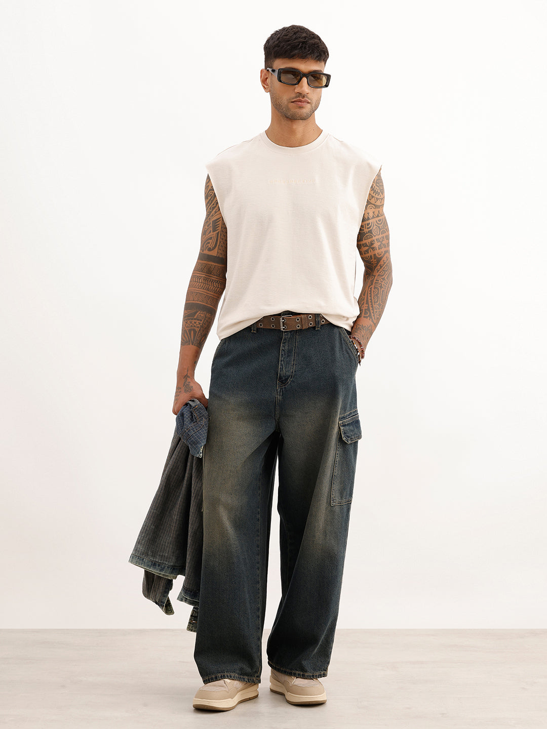 Oversized Raw Edge Cut-Off Sleeve T-Shirt | Beige