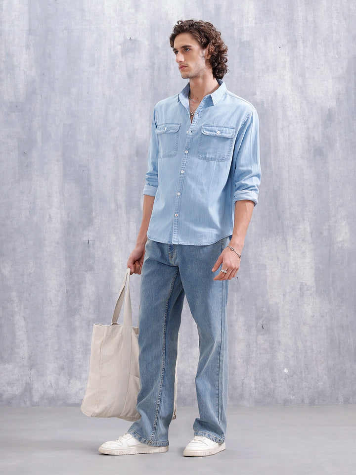 Comfort Fit Double Pocket Solid Shirt | Blue