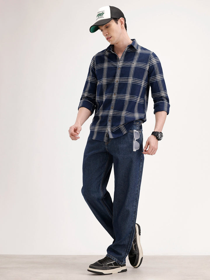 Slim Fit Textured Striped Shirt | Navy Blue