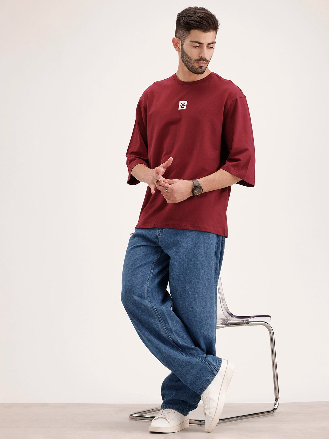 Solid Oversized 3/4 Sleeve T-Shirt | Maroon