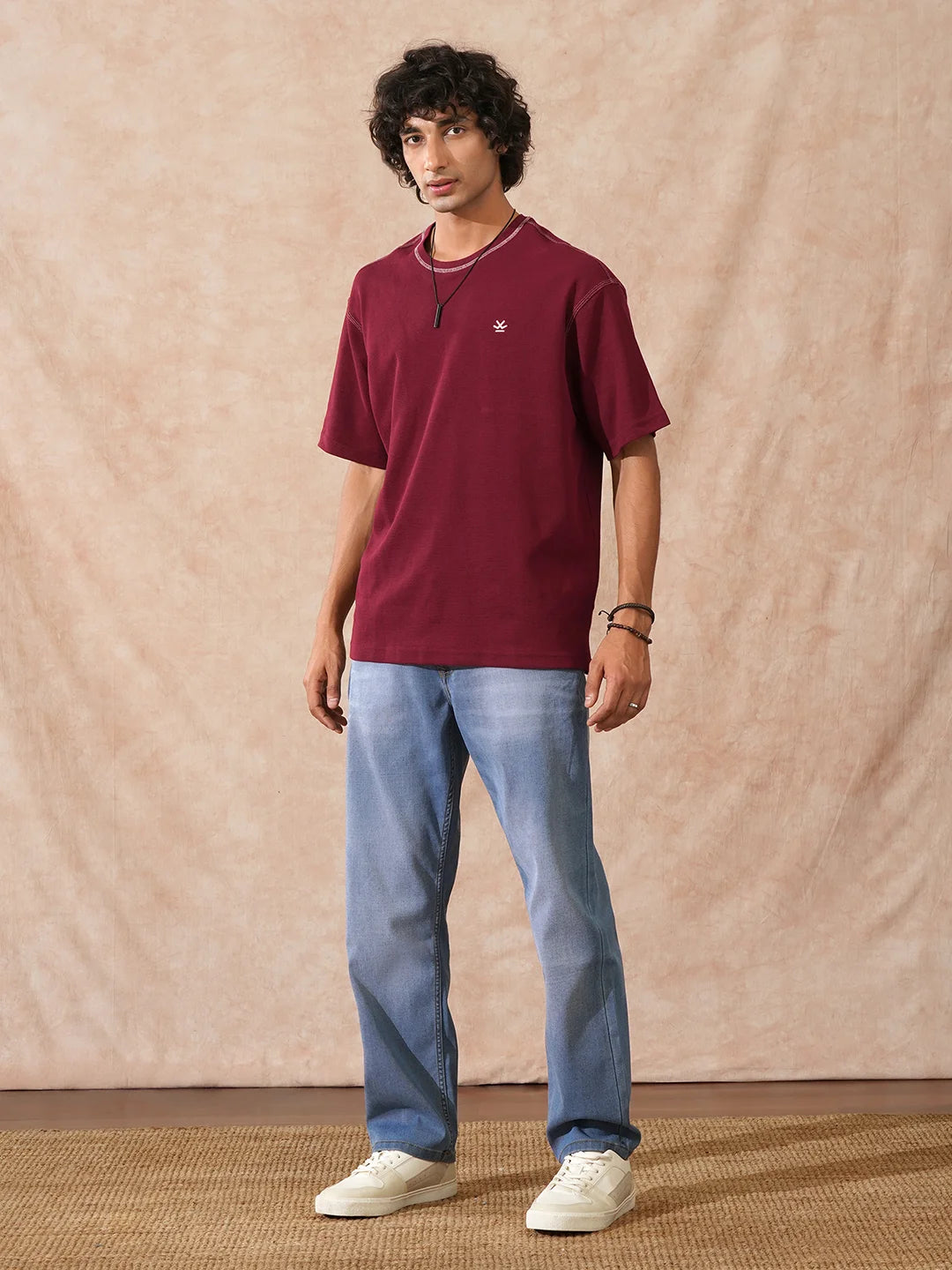 Textured Waffle Knit T-Shirt | Maroon