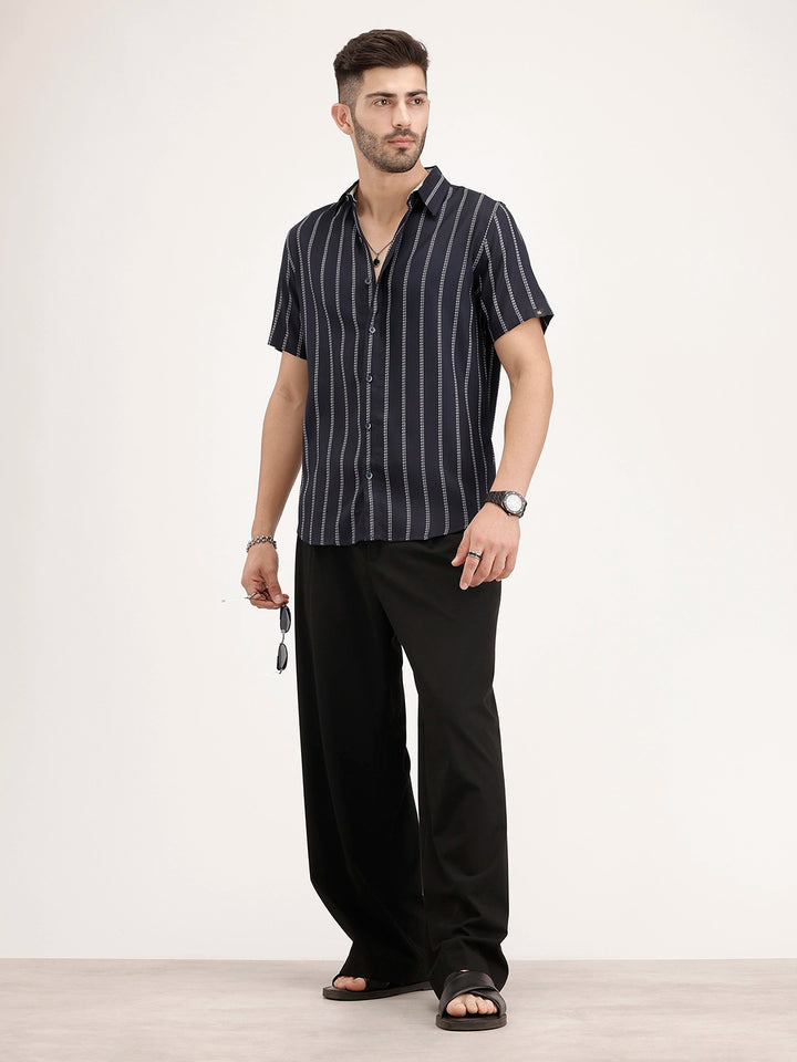 Slim Fit Half Sleeve Striped Shirt | Navy Blue
