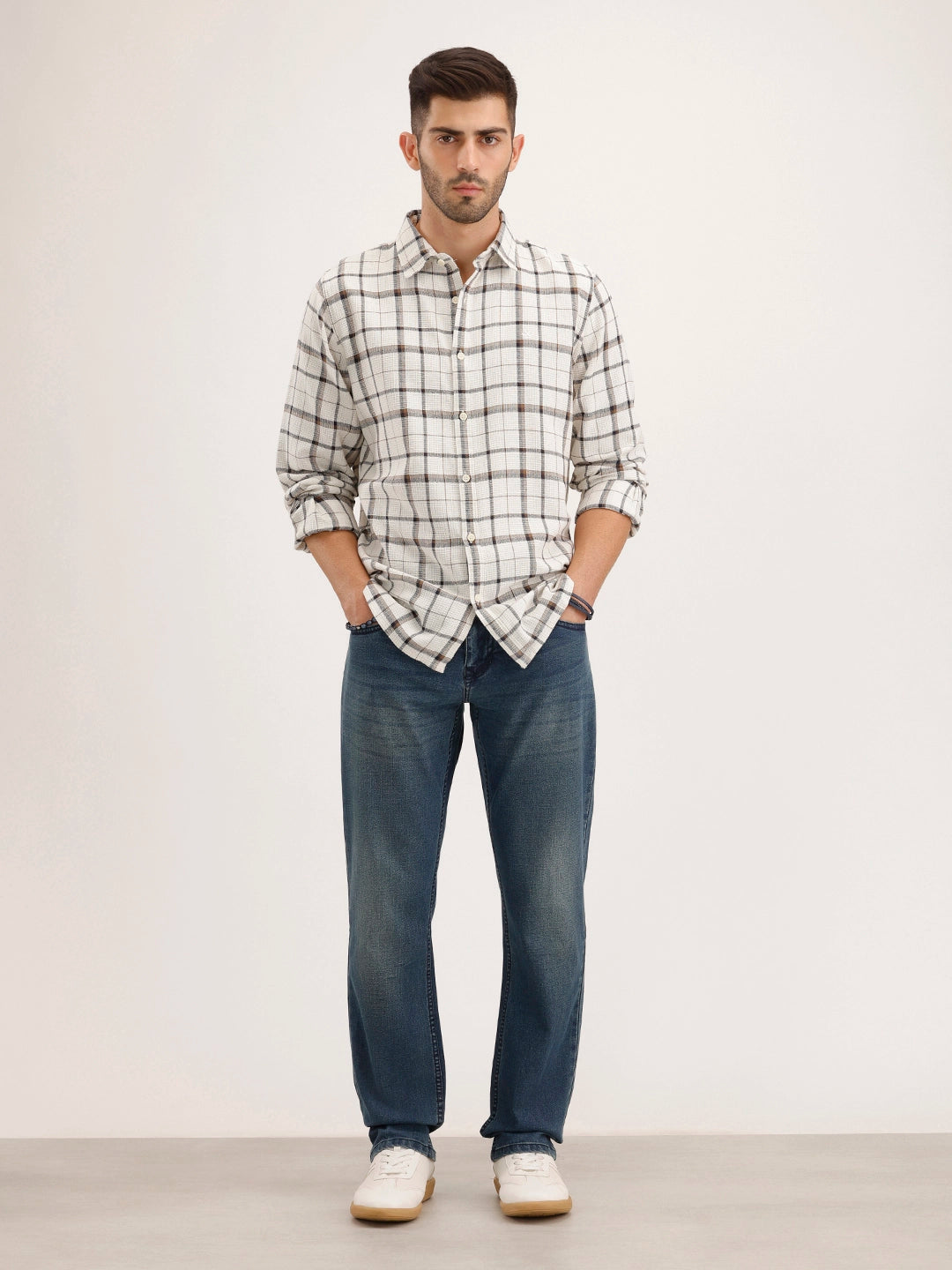 Textured Regular Fit Chackered Shirt | Off White