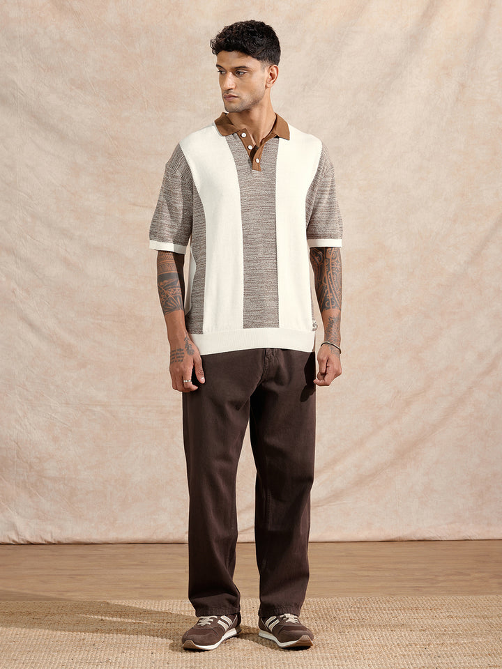 Textured Flat Knit Polo T-Shirt | Maroon & Beige