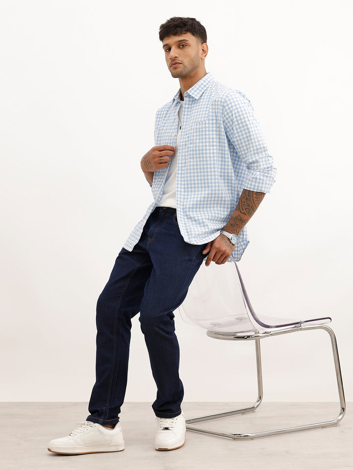 Slim Fit Checkered Full Sleeve Shirt | Light Blue
