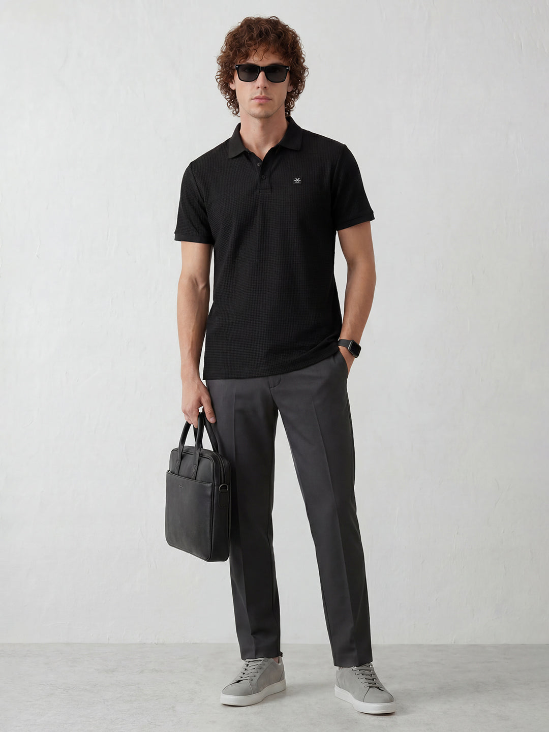Solid Textured Slim Fit Polo T-Shirt | Black