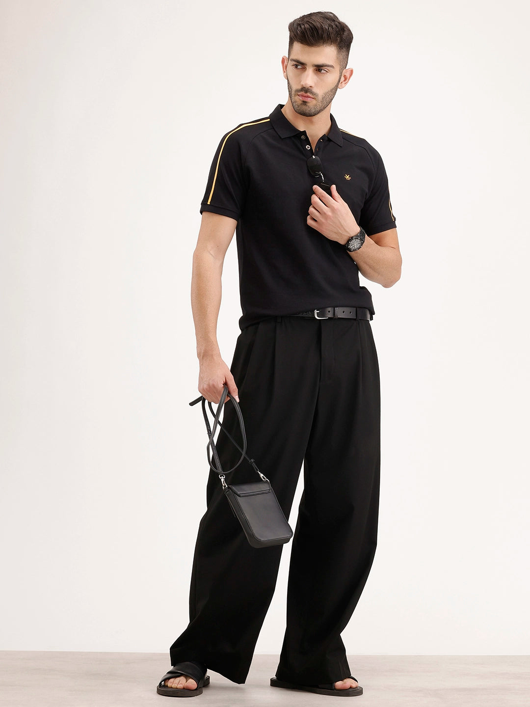 Slim Fit Raglan Collar Polo T-Shirt | Black
