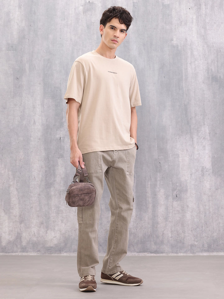 Casual Comfort Fit T-shirt With Typo Print And High Low Bottom Hem | Beige