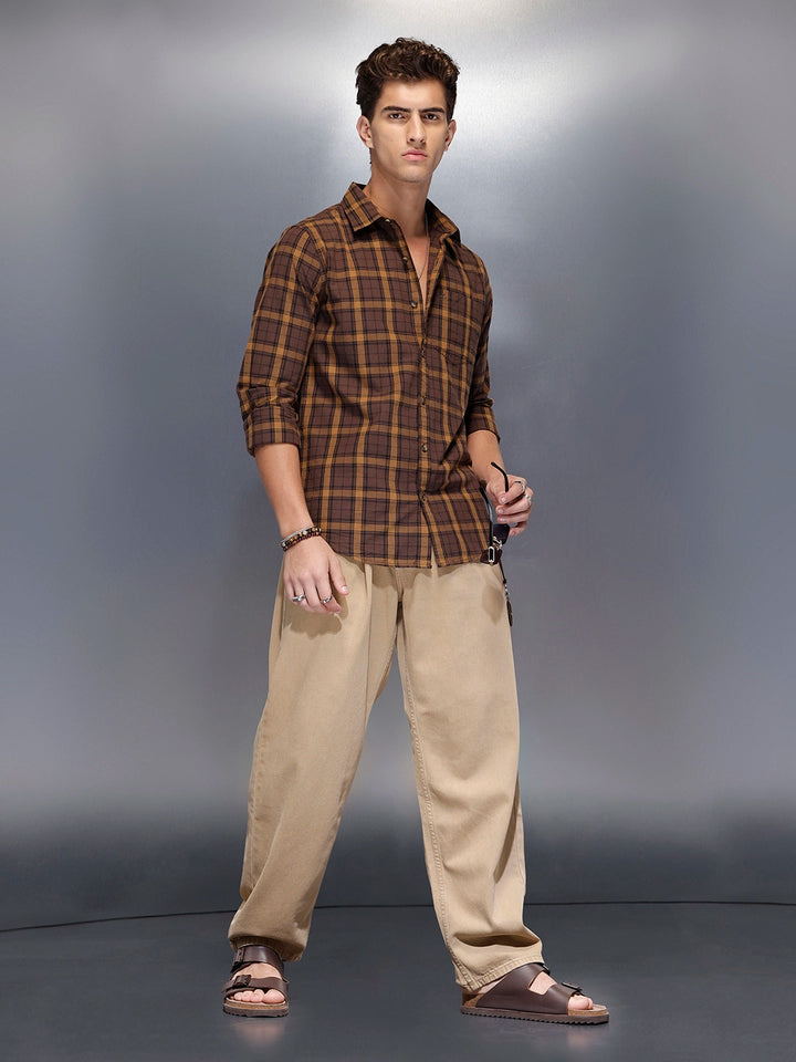 Men’s brown flannel-style check shirt | Khaki