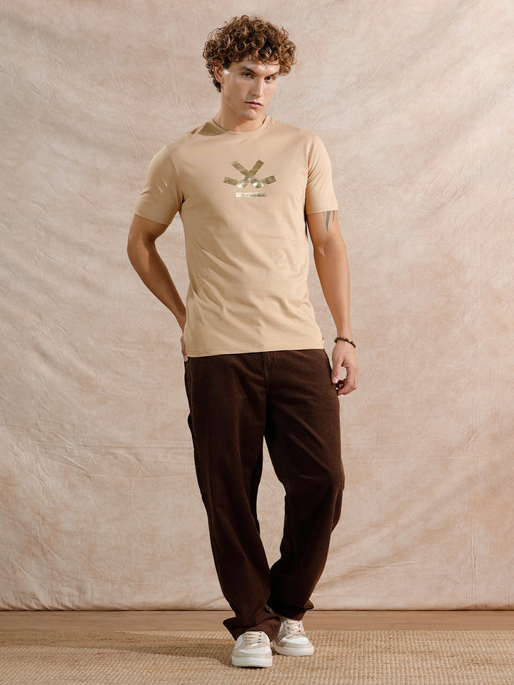Gold Foil Print Slim Fit T-Shirt | Beige