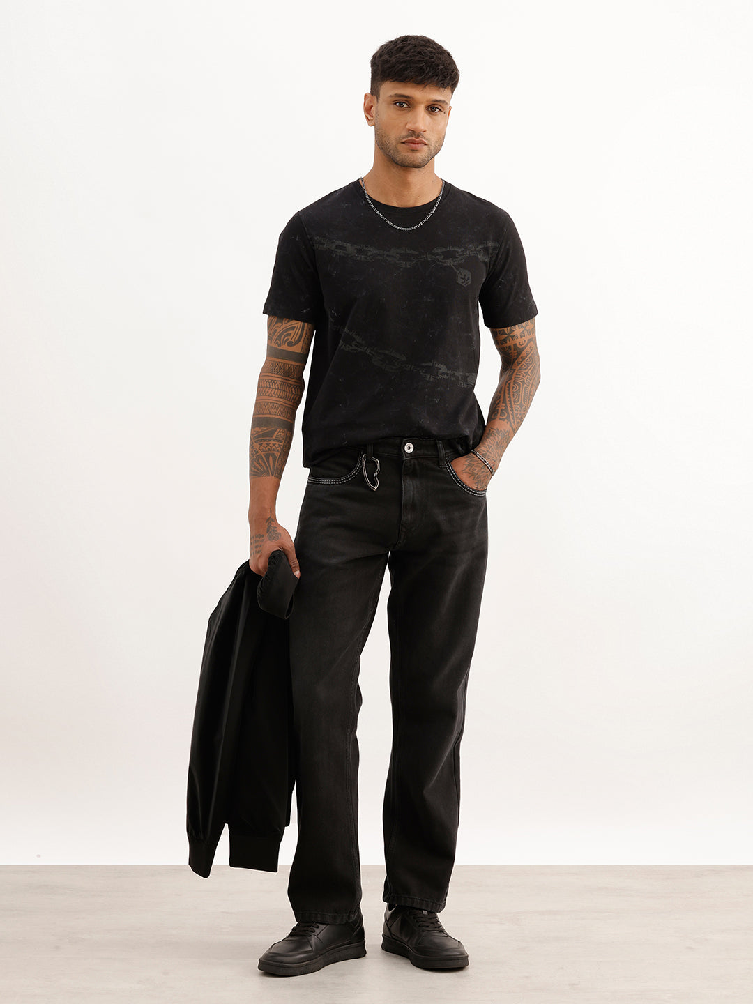 Washed Slim Fit Placement Printed T-Shirt | Black
