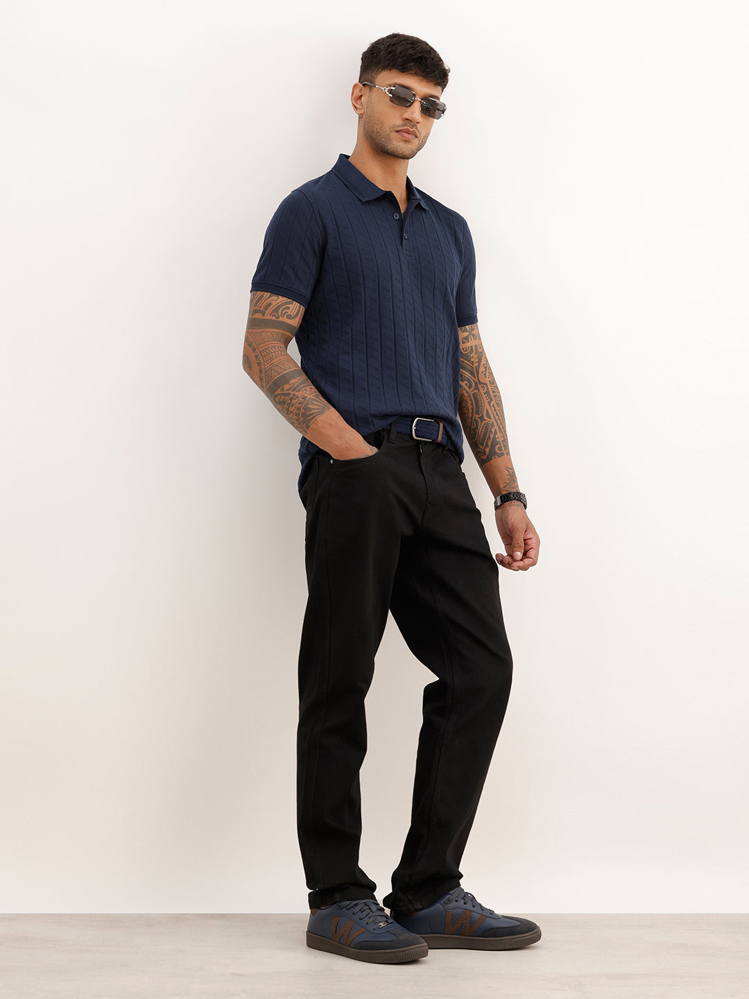 Solid Slim Fit Textured Polo T-Shirt | Navy Blue