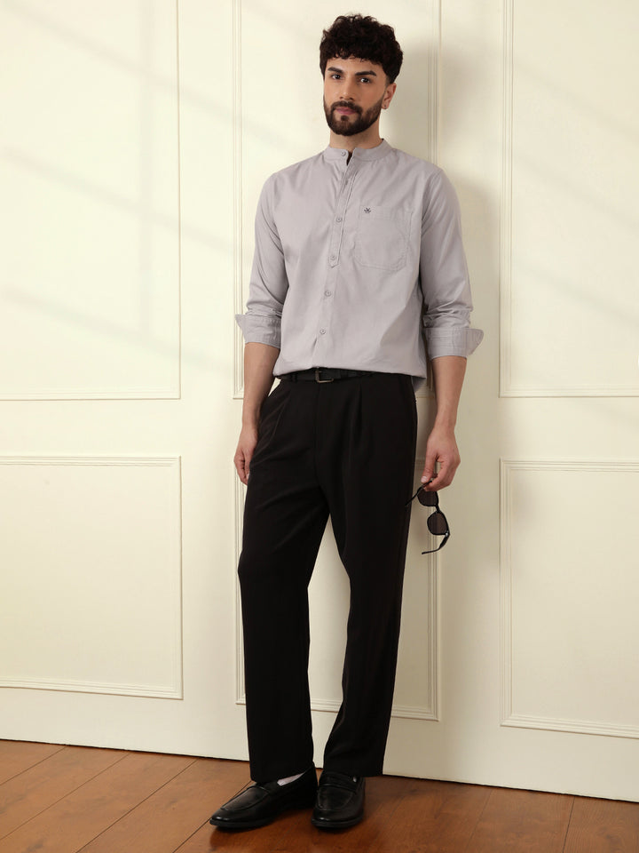 Grey Oxford Mandarin Collar Shirt