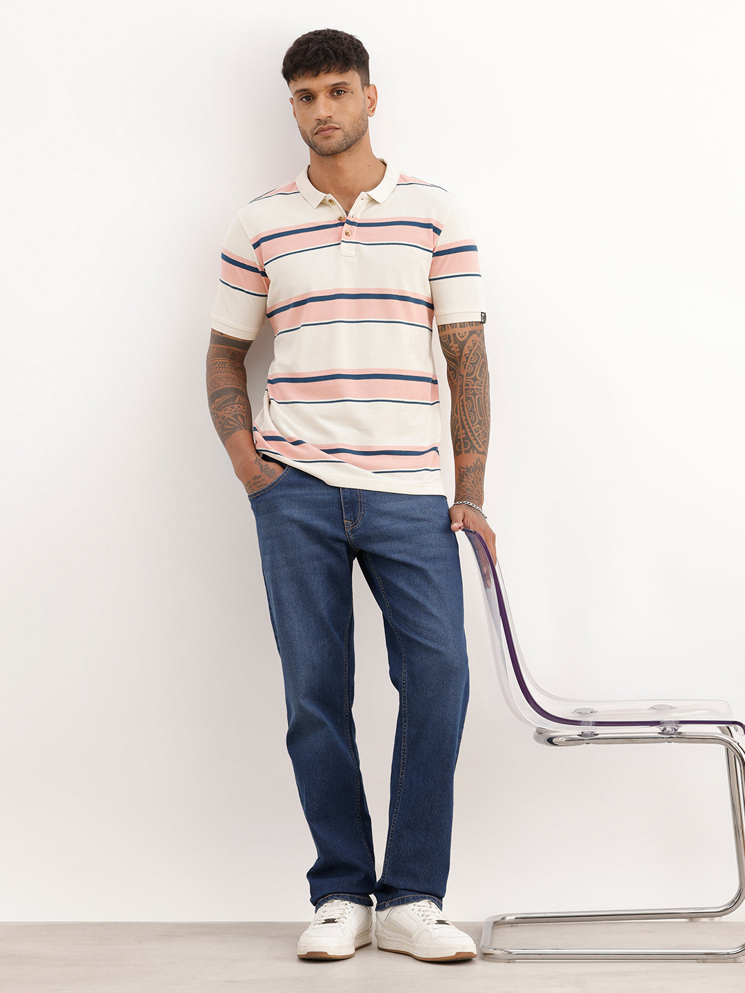 Slim Fit Striped Polo T-Shirt | Off White