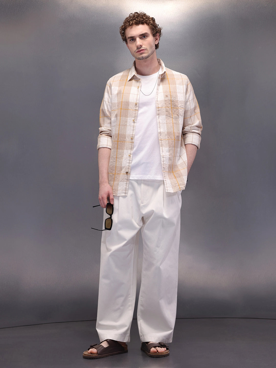 Textured Checkes Dobby Shirt  | Khaki