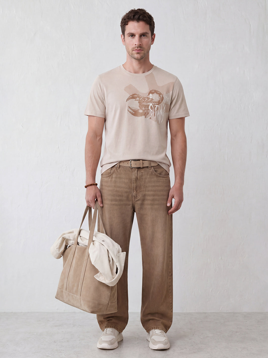 Slim Fit Placement Printed T-Shirt | Beige