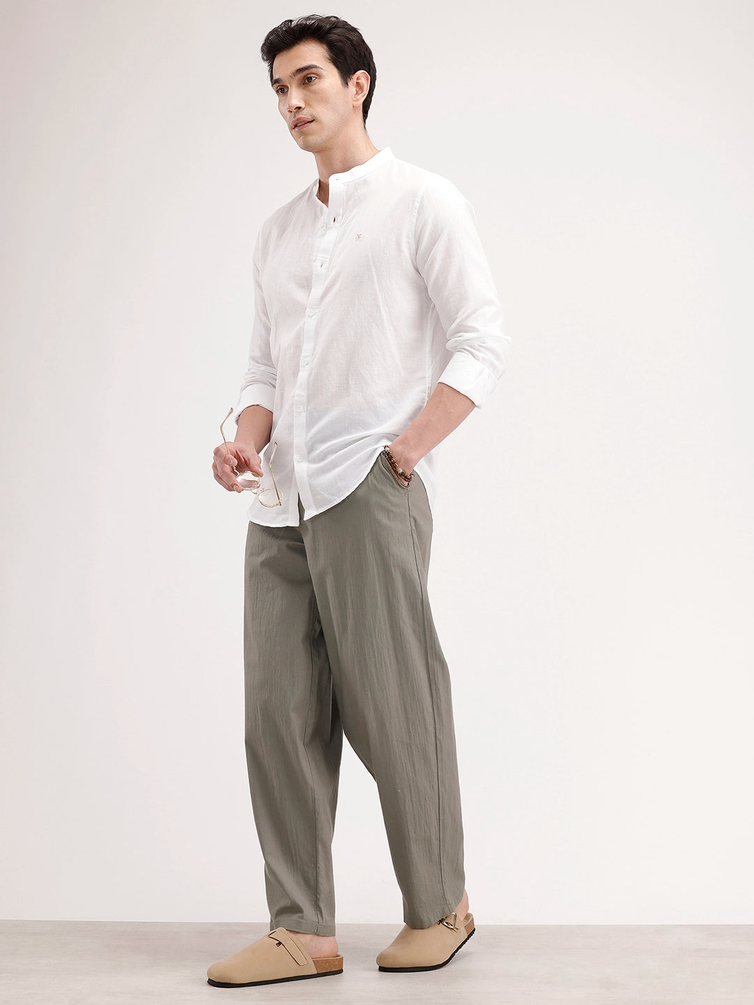 Slim Fit Mandrin Collar Linen Blend Shirt | White