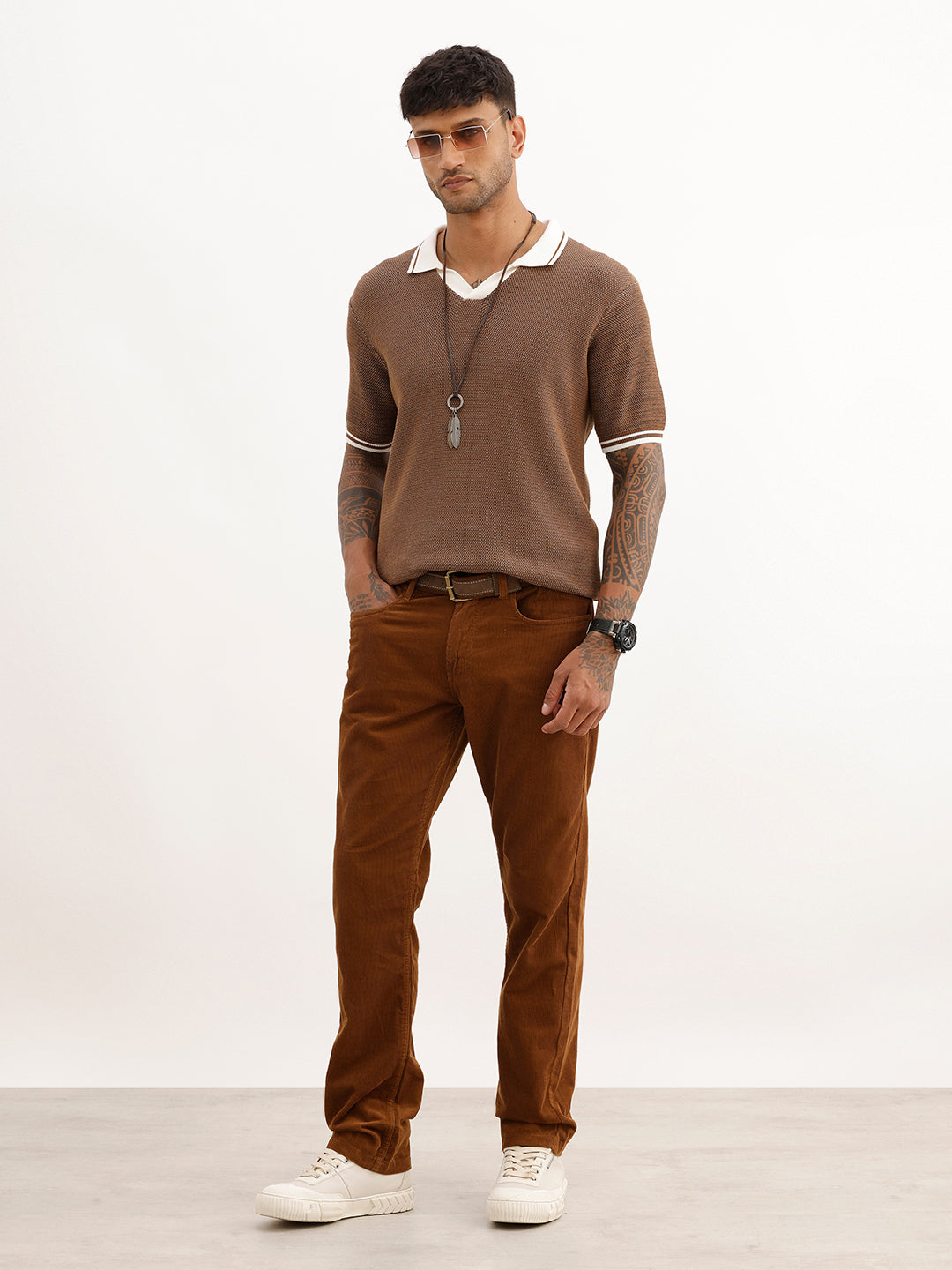 Solid Straight Fit Corduroy Trousers | Brown